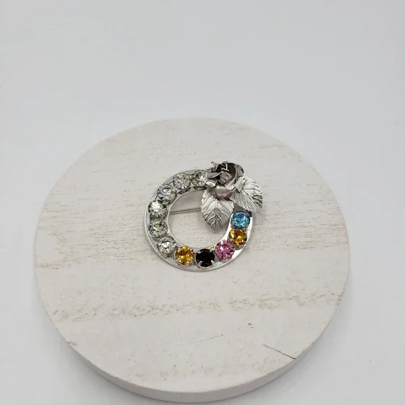 Sterling Silver Multi Color Rhinestone Wreath Brooch Pin Set Mother's Day Gift - Picture 11 of 12